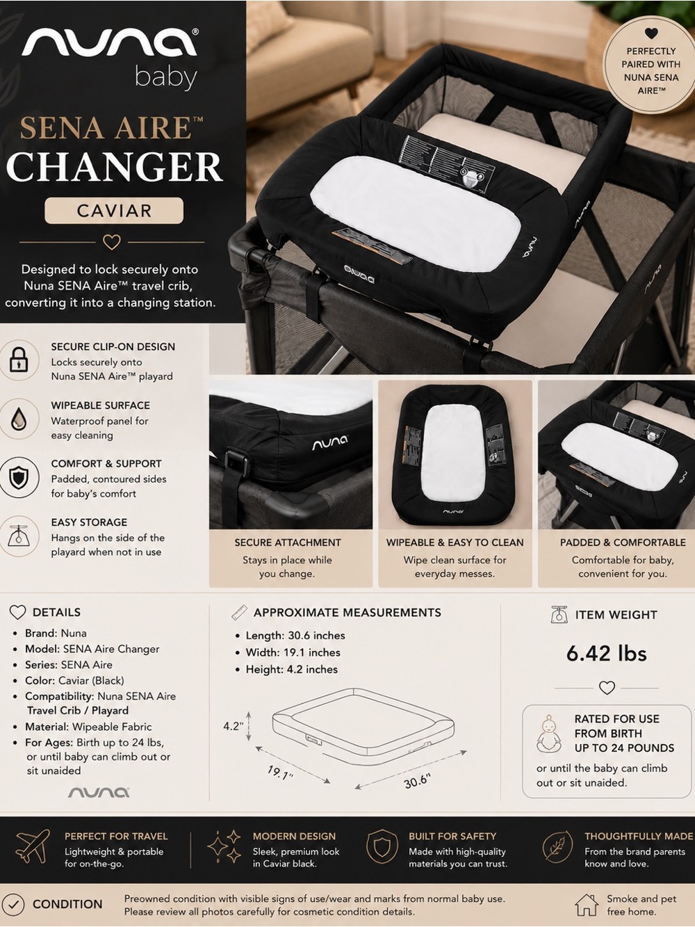 Nuna SENA Aire Changer Caviar Black Portable Baby Changing Station Attachment